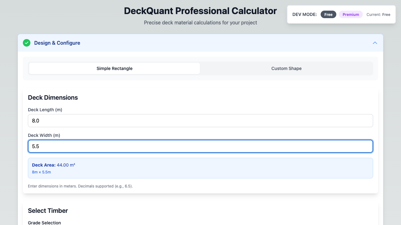 Calculator interface showing deck dimensions input with length and width fields, demonstrating the clean, professional design tool