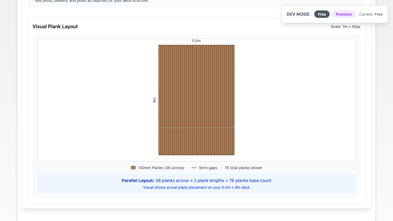 Revolutionary plank visualization showing individual deck board layout with precise dimensions and spacing for an 8m x 5.5m deck
